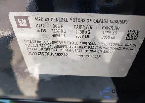 2017 Chevrolet Impala 2Lz from USA, damaged, VIN 2G1145S3XH9102882